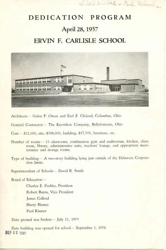 Dedication Program of Ervin F. Carlisle School (p. 1)