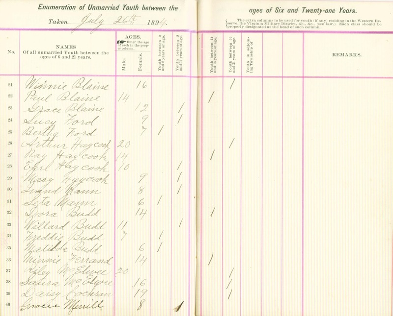 Harlem Township Enumeration of Youth Sub-District 6, July 26, 1894 (p. 5)