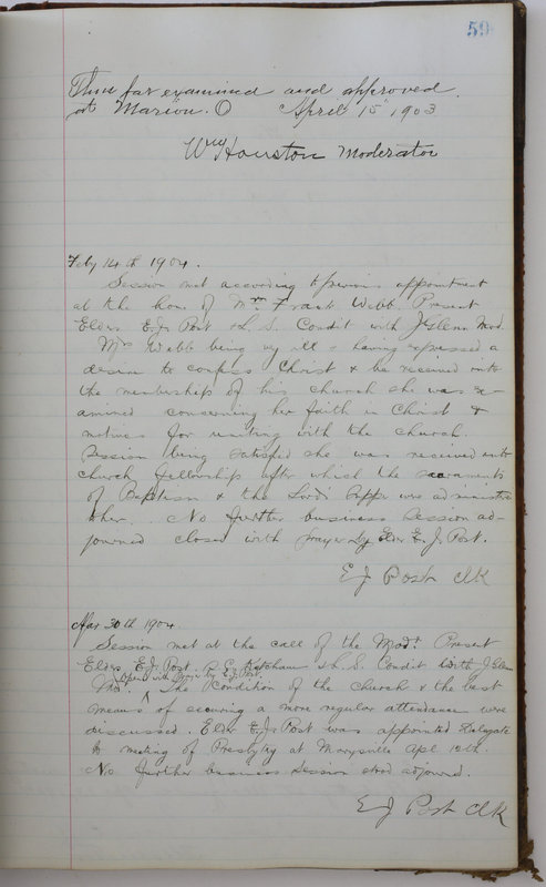 Sessional Records of the 1st Presbyterian Church of Trenton Delaware County Ohio 1873-1937 (p. 63)