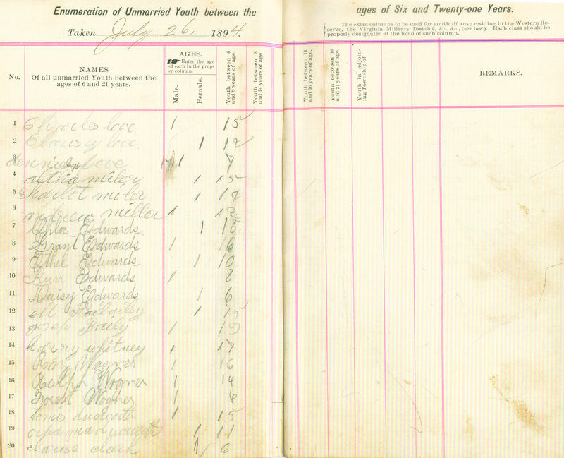 Harlem Township Enumeration of Youth Sub-District 7, July 26, 1894 (p. 4)