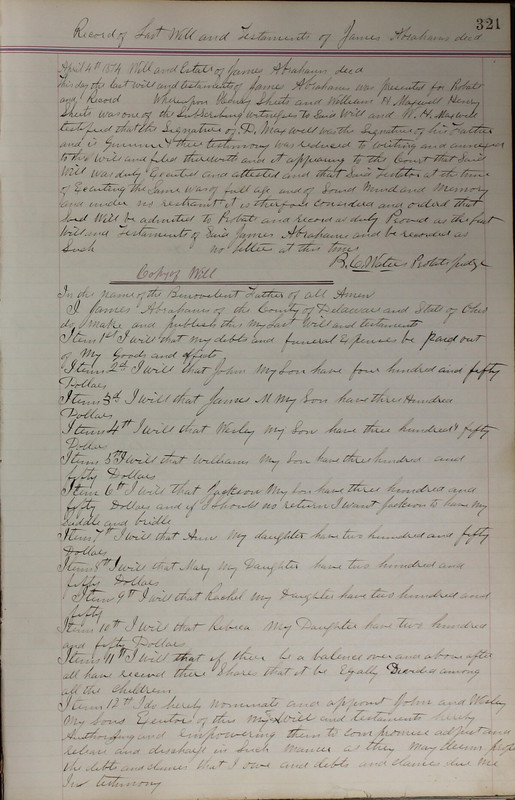 Delaware County Ohio Will Records Vol. 5 1869-1876 (p. 354)