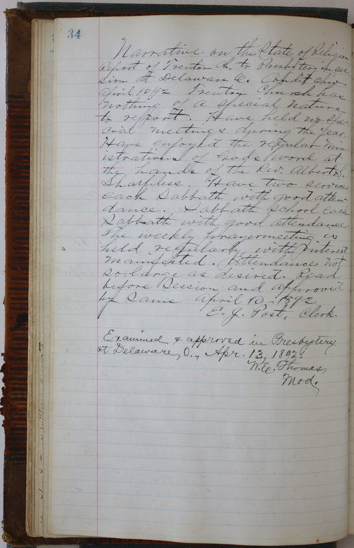 Sessional Records of the 1st Presbyterian Church of Trenton Delaware County Ohio 1873-1937 (p. 38)