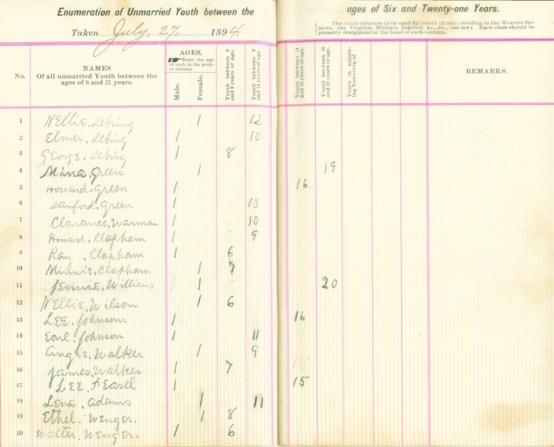 Harlem Township Enumeration of Youth Sub-District 2, July 27, 1894 (p. 4)