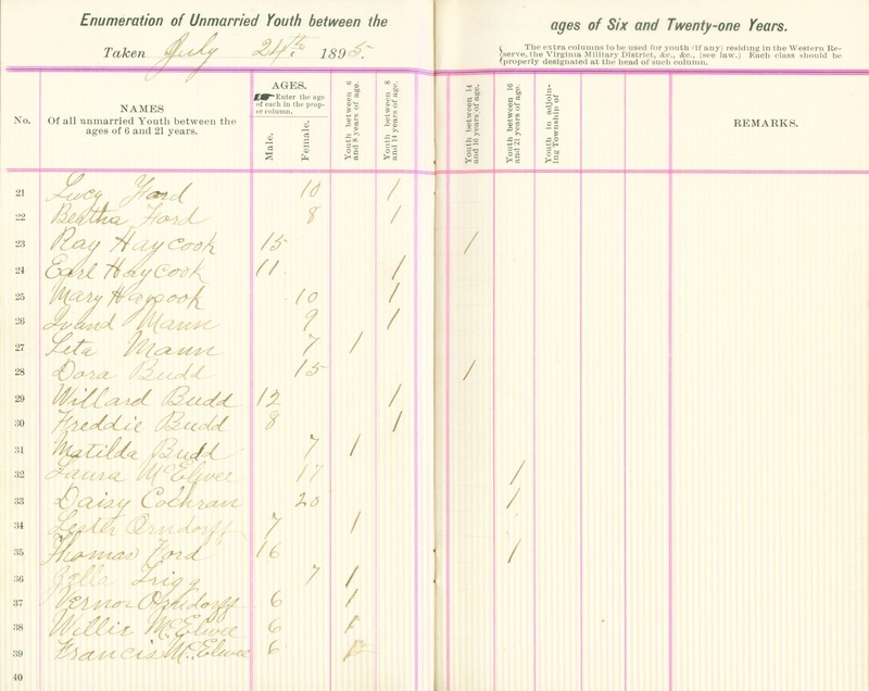 Harlem Township Enumeration of Youth Sub-District 6, July 27, 1895 (p. 5)