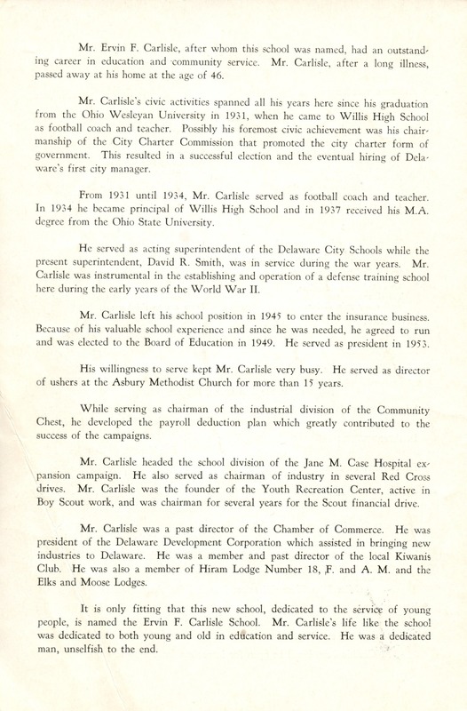 Dedication Program of Ervin F. Carlisle School (p. 4)