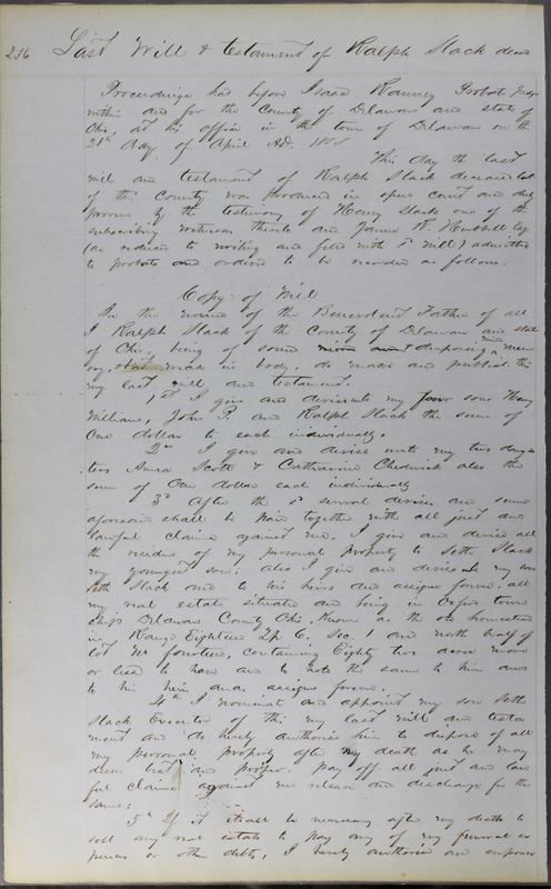 Delaware County Ohio Will Records Vol. 3 1850-1859 (p. 288)